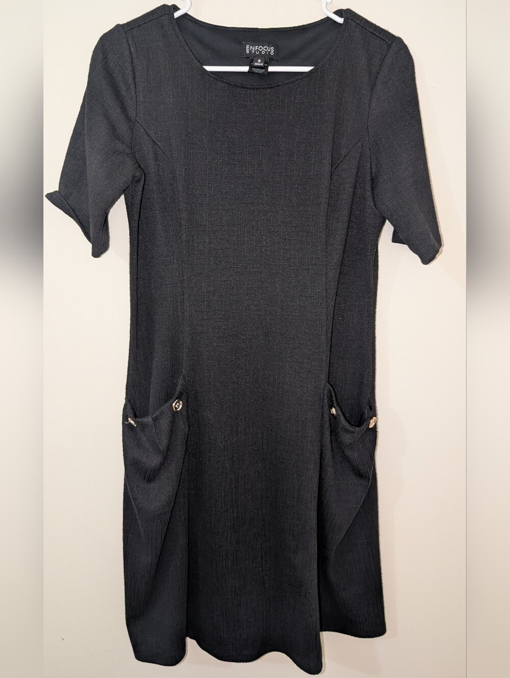 Enfocus Studio Size 8 Textured Dress With Pockets Black Gold Buttons Detailing